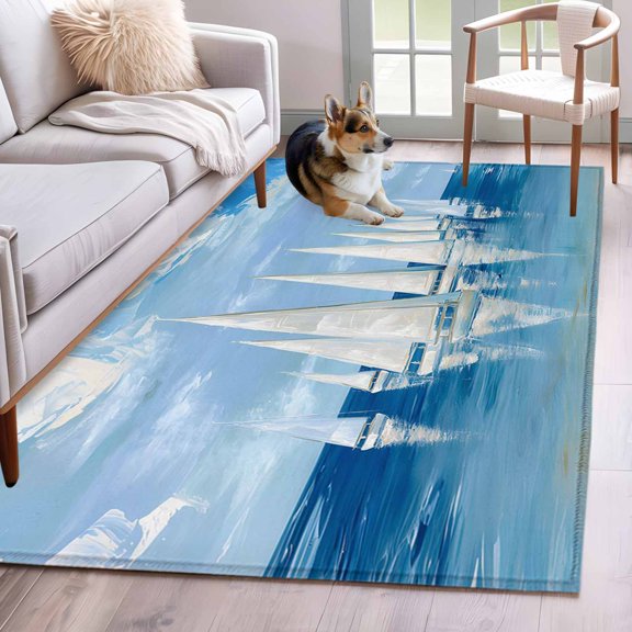 Summer Theme Area Rugs 3x5 ft Oil Painting Ocean Wave Sailboats Cloud Blue Sky Washable Rug Non Slip Indoor Carpet Absorbent Floor Mat for Living Room Bedroom Dining Room