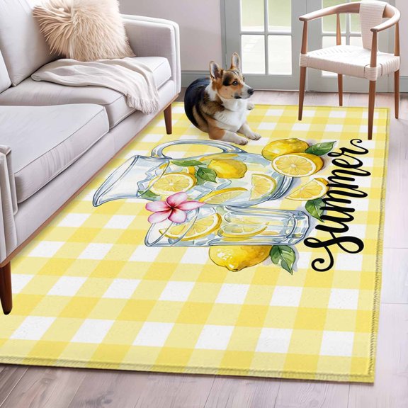Summer Theme Area Rugs 4x6 ft Pastoral Lemons Drinks Yellow Buffalo Plaid Washable Rug Non Slip Indoor Carpet Absorbent Floor Mat for Living Room Bedroom Dining Room