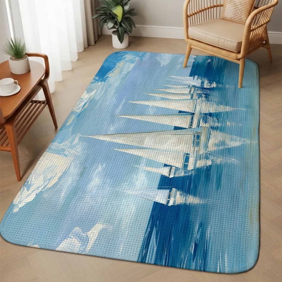 Summer Theme Area Rugs for Living Room 5x6, Oil Painting Ocean Wave Sailboats Cloud Blue Sky Washable Area Rug with Non Slip Backing, Stain Resist Linen Carpet for Bedroom, Dining Room, Entrance
