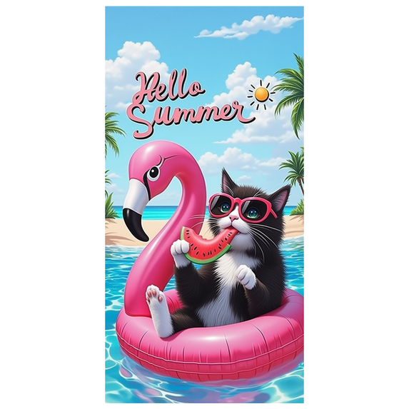 Summer Theme Banner Hello Summer Cat Design Inflatable Flamingo Illustration for Beach Party Outdoor Decoration Vacation Fun