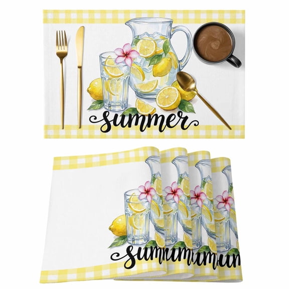 Summer Theme Cotton Linen Placemats Set of 1, Pastoral Lemonade Yellow Buffalo Plaid Modern Washable Table Place Mats Heat Insulating Placemat for Dining Room Kitchen Daily Use 13 x 19 Inch