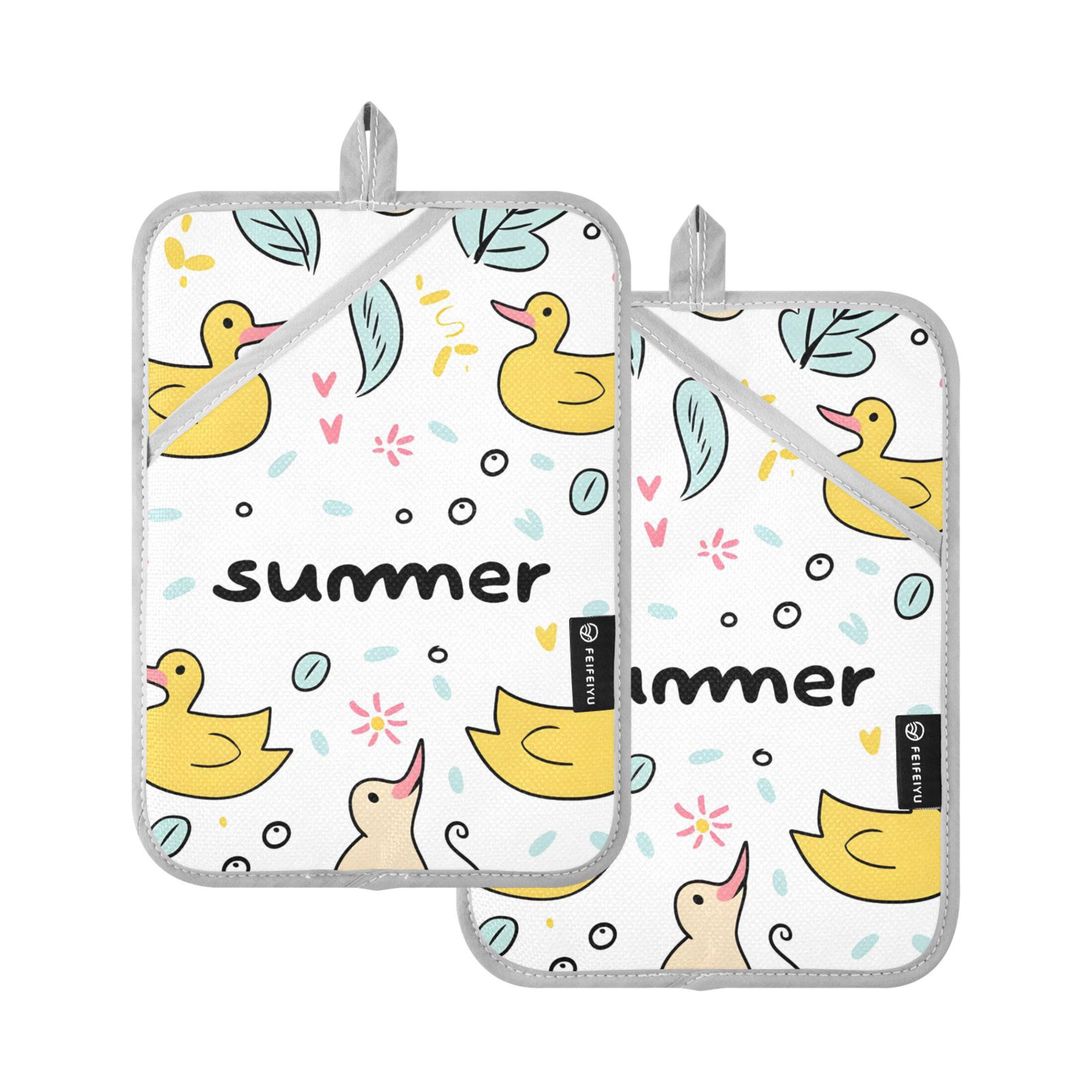 Summer Theme Ducks Leaves Bubbles Pot Holder Set Heat Resistant