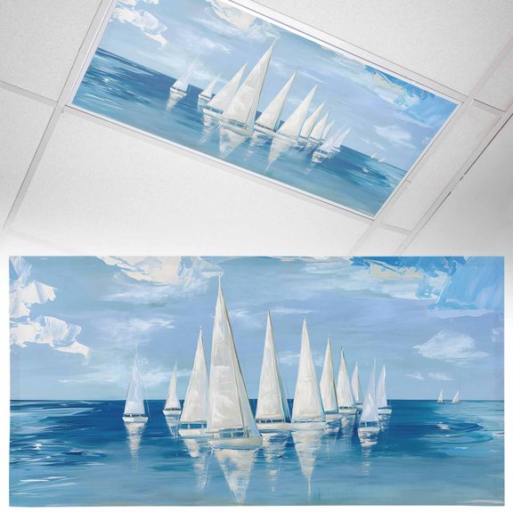 Summer Theme Fluorescent Light Covers Oil Painting Ocean Wave Sailboats Cloud Blue Sky Magnetic Light Filters Ceiling Lighting Panel Shade for Classroom Office Home 2 x 4 ft, 1 Pack