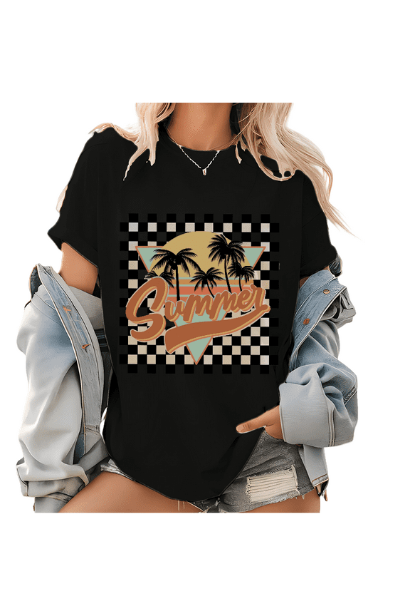 Summer Theme Graphic Tees Vacation Summer Pattern Tops for Women Vacay Mode Plaid Print T Shirts Black,M