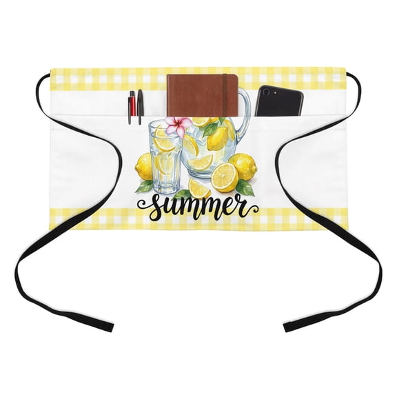 Summer Theme Kitchen Restaurant Half Waist Apron, Pastoral Lemonade Yellow Buffalo Plaid Modern Server Short Apron with 3 Pockets Waterproof Oil Waist Aprons for Women Waitress Waiter