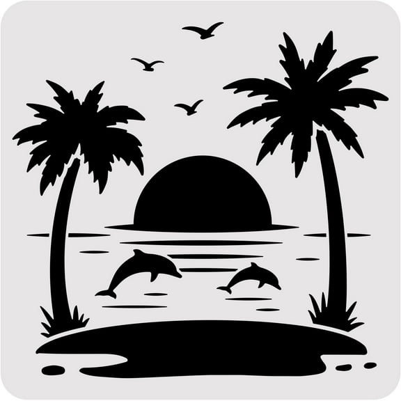 Summer Theme PET Plastic Drawing Templates 12"x12" Dolin Sea Coconut Tree Template Stencil for Scrabooking Card Making DIY Wall Floor Decoration