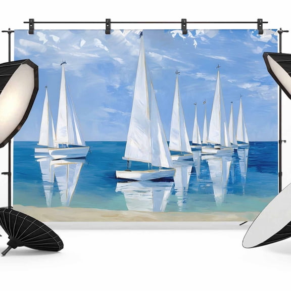 Summer Theme Photography Backdrop 7x5FT, Oil Painting Blue Oceans Sailboats Cloud Sky Photo Backdrops, Background for Photography Studio Photo Studio Background, Back Drop for Photoshoot