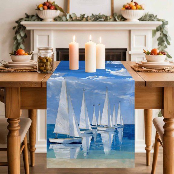 Summer Theme Table Runner, Oil Painting Blue Oceans Sailboats Cloud Sky Cotton Linen Kitchen Table Decoration Washable Dining Tabletop Runners for Home Party Decor 13x36 Inches