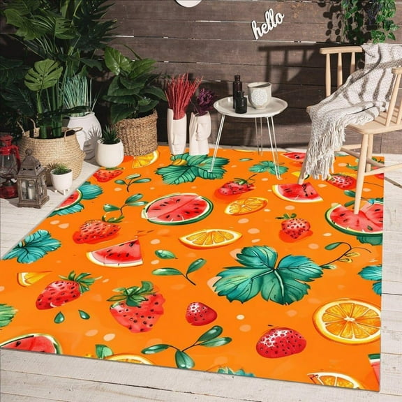 Summer Theme Watermelon Strawberry Orange Print Waterproof Area Rug For Balcony Backyard Washable Non Skid Durable Outside Carpet In Porch Patio Pool Modern Home Deco Outdoor Rugs 3x4ft