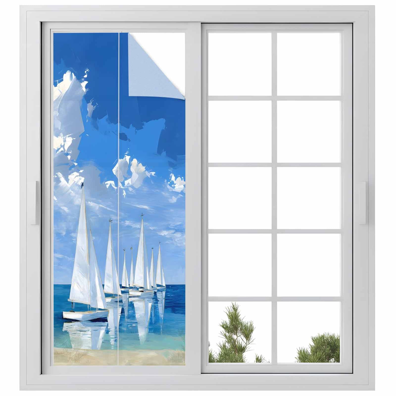 Summer Theme Window Privacy Film, Oil Painting Blue Oceans Sailboats Cloud Sky Frosted Glass Window Clings Static Cling UV Heat Blocking Reusable Door Sticker for Bathroom 23.6 x 59 Inch