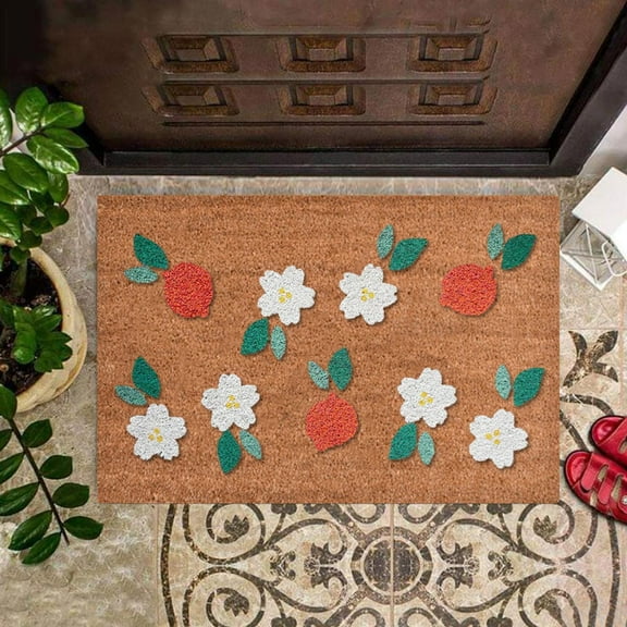 Summer Themed Coir Doormat,Fruits/Floral Pattern Welcome Mat,Low-Profile Non-Slip Front Door Rug for Outdoor/Indoor,Entryway Patio Porch Decor