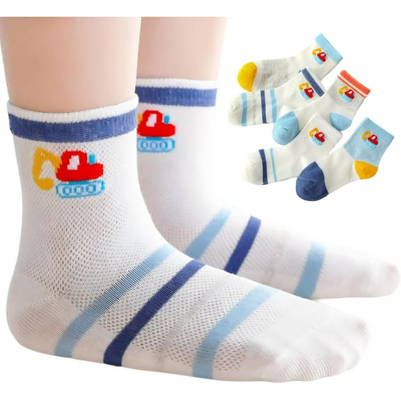 Summer Thin Cotton Short Socks Cartoon Car Crane Fashion for Kids, Mesh Ankle Socks for Boys and Girls Baby Crew Socks