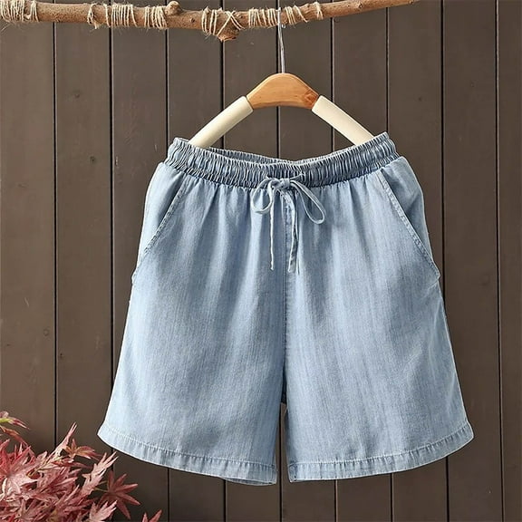 Summer Thin Denim Shorts, Elastic Waist Tie Loose Casual Wide Leg Five Point, Polyester Spandex, Blue 4XL, Size S-5XL