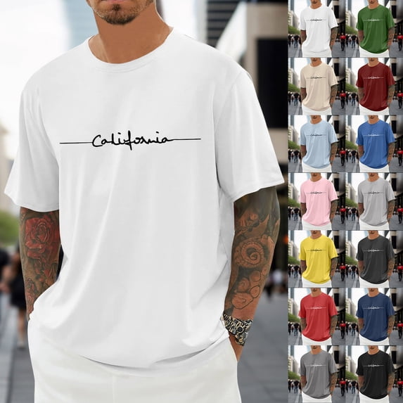 Summer Thin T Shirts for Men City Letter Print Crew Neck Short Sleeve Tees Sports Casual Basic Tops Yellow L5