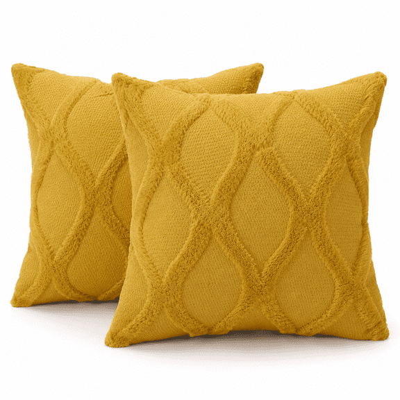 Summer Throw Pillow Covers 18 x 18 Inch Set of 2, Mustard Yellow Plush Faux Fur Decorative Pillow Covers, Soft Accent Pillow Covers for Couch Sofa Bed Living Room Modern Farmhouse Decor