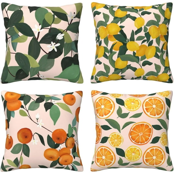 Summer Throw Pillow Covers 18x18 inch Set of 4 Fruit Leaves Pillow Cases Lemon Orange Decorative Cushion Covers for Sofa Couch