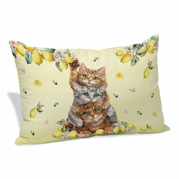Summer Throw Pillow Covers Three Cute Cats with Lemons Fruit Leaves Yellow Theme Decorative Lumbar Pillow Cover Rectangle Cushion Case for Sofa Couch Bed Living Room Bedroom 12 X 20 Inches