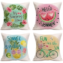 Summer Throw Pillow Covers Watermelon Pineapple Bicycle Tropical Plant Pillow Cases Home Pillows Cushion Cover 20X20 Inch Cotton Linen Outside Pillowcase for Bed Couch Set of 4(Summer 4)