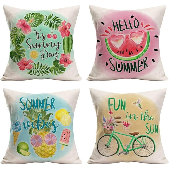 Summer Throw Pillow Covers Watermelon Pineapple Bicycle Tropical Plant Pillow Cases Home Pillows Cushion Cover 20X20 Inch Cotton Linen Outside Pillowcase for Bed Couch Set of 4(Summer 4)