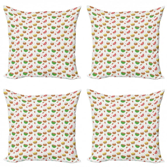 Summer Throw Pillow Cushion Case Pack of 4, Seasonal Colorful Pattern with Ice Cream Fruits Dots Strawberries and Little Hearts, Modern Accent Double-Sided Print, 4 Sizes, Multicolor, by Ambesonne
