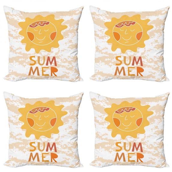 Summer Throw Pillow Cushion Case Pack of 4, Sun Motif on a Grunge Background Cartoon Style Lettering, Modern Accent Double-Sided Print, 4 Sizes, Burnt Orange Mustard, by Ambesonne