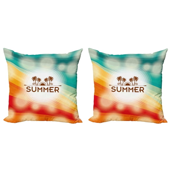 Ambesonne Tropical Throw Pillow Cover 2 Pack, Palm Tree Sun Holiday, 20", Orange Scarlet Teal