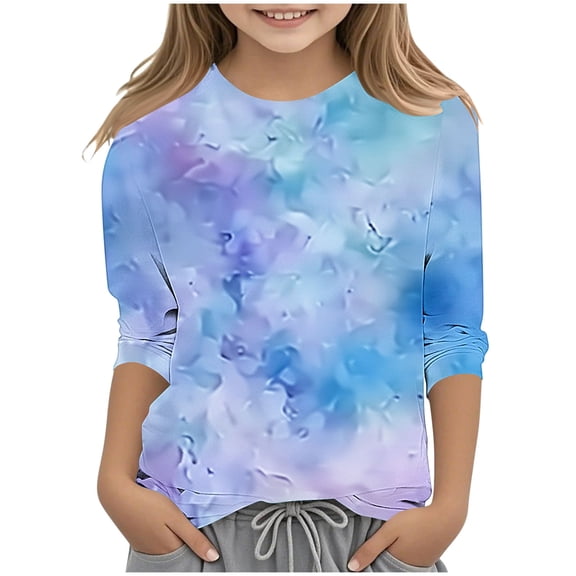 Summer Tie Dye Graphic Tees Girls Casual 3/4 Sleeve Crew Neck Tee Shirts Loose Pullover Basic Tshirts Loungewear Light Blue, 5 Years