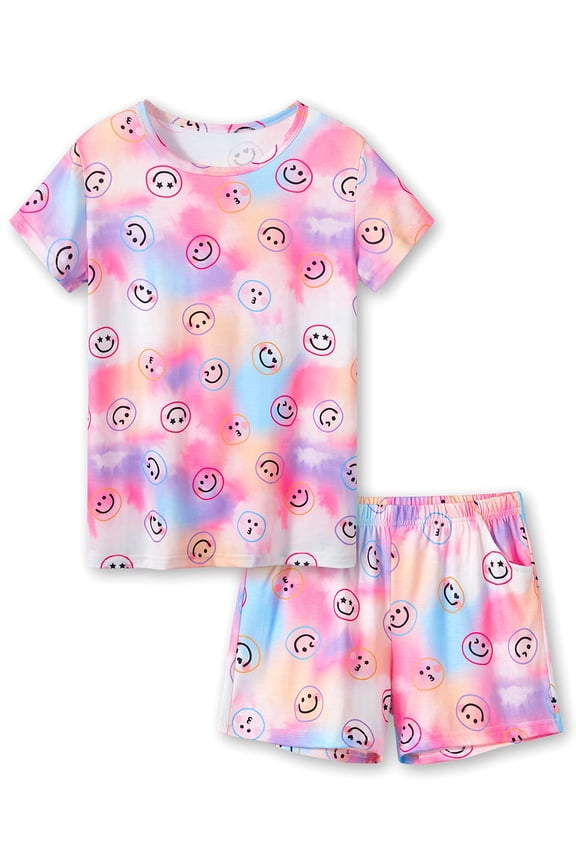 Summer Tie Dye Pajamas for Girls Smiling Face Pattern Tween Clothes PJ Set Big Kid Size 8