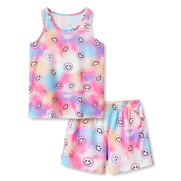 Summer Tie Dye Pajamas for Girls Smiling Face Pattern Tween Clothes Tank Top & Shorts PJ Set Big Kid Size 10