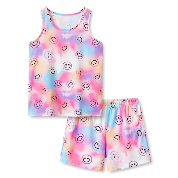 Beezizac Summer Tie Dye Pajamas for Girls Smiling Face Pattern Tween Clothes Tank Top & Shorts PJ Set Big Kid Size 10