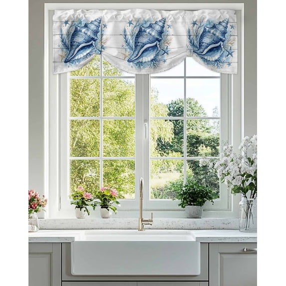 Summer Tie Up Valances Curtain, Adjustable Kitchen Ocean Blue Geometric Texture Conch Starfish Wood Grain Valances for Windows Decor, Rod Pocket Short Curtains Set for Bedroom/Bathroom, 54"x18"