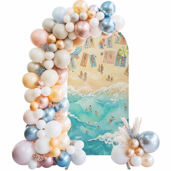 Summer Time Arch Backdrop Cover 4 FT Beach Ocean Waves Coastal Sun Umbrellas Man Tree Stretchy Elastic Arch Stand Covers Spandex Arched Background Birthday Wedding Party Decoration (No Stand)