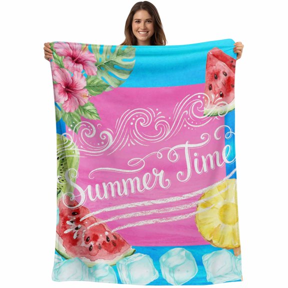 Summer Time Blanket Soft Cozy Warm Twin Blanket for Bed, Plush Fuzzy Flannel Fleece Blankets for Sofa, Watermelon Fruits Popsicles Flowers Ice Cubes Throw Blankets for Couch, Gifts, 60"x80"