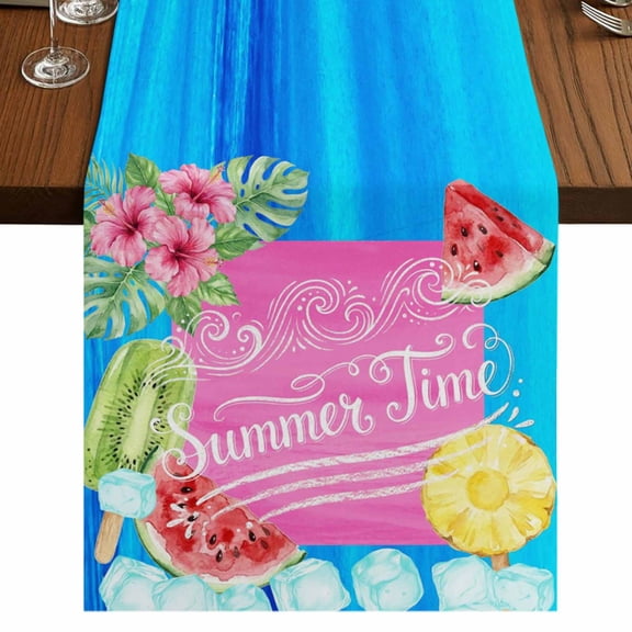 Summer Time Burlap Cotton Table Runner 13x48 Inches Long, Watermelon Fruits Popsicles Flowers Ice Cubes Farmhouse Table Runners, Outdoor Dining Tablecloths Decor for Baby Shower/Party/Wedding