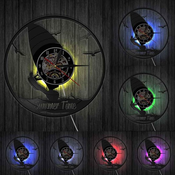 Summer Time Clock Windsurfing Wall Decor Sports Room Wall Clock Windsurfers Vinyl Record Clock Extreme Water Sports Lovers Gift