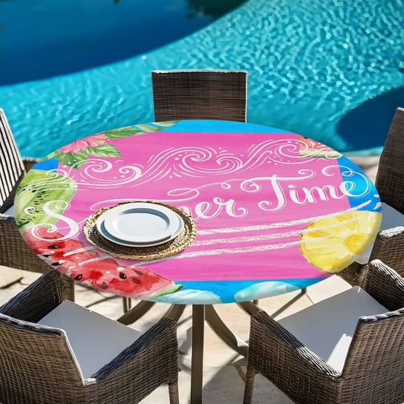 Summer Time Ocean Flower Round Fitted Tablecloth with Elastic Edge,Waterproof Table Cloth Fits Tables Up to 45"-54",Wipeable Table Cover for Indoor Outdoor Dinning Party,Cartoon Popsicles Leaves