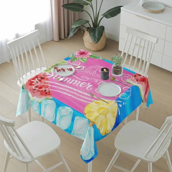 Summer Time Ocean Flower Table Cloth 54x54in, Waterproof Square Tablecloth Wipeable Tablecloths Cartoon Popsicles Leaves Table Covers for Dining Tables Party Indoor Outdoor