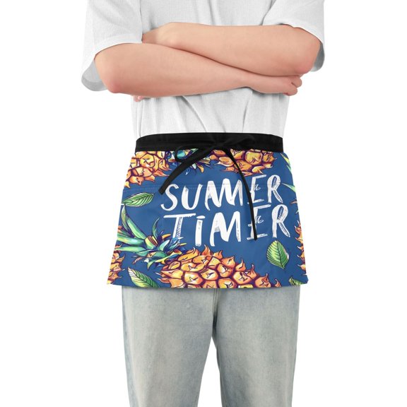 Summer Time Pineapple Server Apron with 3 Pockets Waterproof Waitress Waist Short Apron for Man Woman 12 Inches