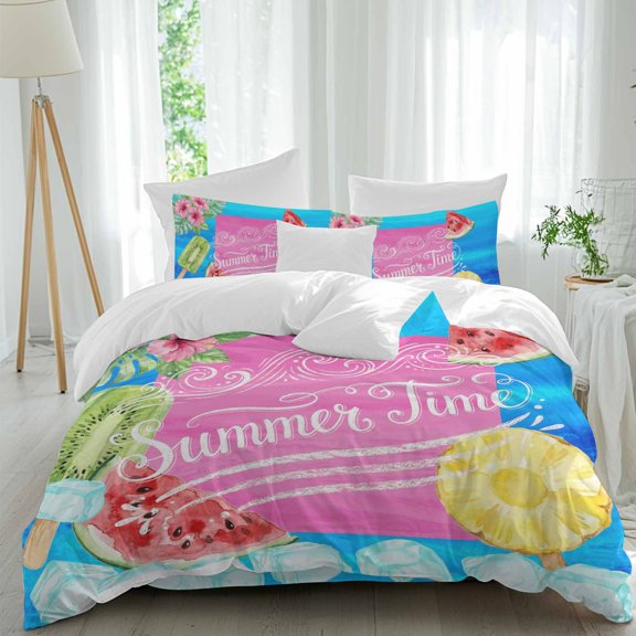 Summer Time Queen Size Comforter Set, Oil Painting Watermelon Fruit Popsicles Ice Cubes Bedding for All Seasons, 4 Pcs Bed Set, 1Quiltcover (90"x92") ,1Sheet(94"x116"), 2Pillowcases (30"x20")