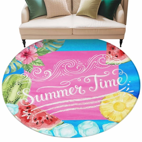Summer Time Round Rug 7ft Washable Circle Rugs Non Slip Watermelon Fruits Popsicles Flowers Ice Cubes Large Area Rug Indoor Floor Carpet for Bedroom Kitchen Living Room Office Dining Room Nursery