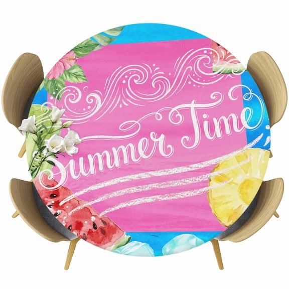 Summer Time Round Tablecloth 55-60 Inch Round Fitted Table Cloth with Elastic Edge, Watermelon Fruits Popsicles Flowers Ice Cubes Waterproof Table Cover Protector for Outdoor Picnic Party Dining