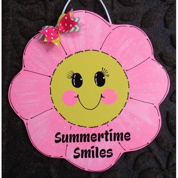 Summer Time Smiles Hot Pink Flower Sign Wall Art Door Hanger Plaque Smiley Face