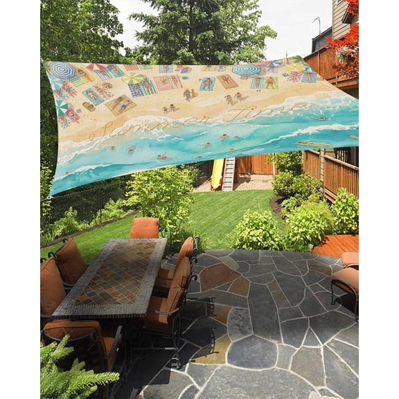Summer Time Sun Shade Sail 12'X16' Beach Ocean Waves Coastal Sun Umbrellas Man Tree UV Block Outdoor Sail Shades Breathable Waterproof Rectangular Sunshade for Patio Garden Pool Pergola Porch