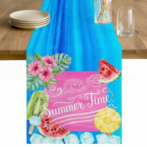 Summer Time Table Runner - 48 Inch Long Watermelon Fruits Popsicles Flowers Ice Cubes Cotton and Linen Blended Dress Scarves Farmhouse Table Runner for Kitchen Dining, Coffee Table, 13" x 48"