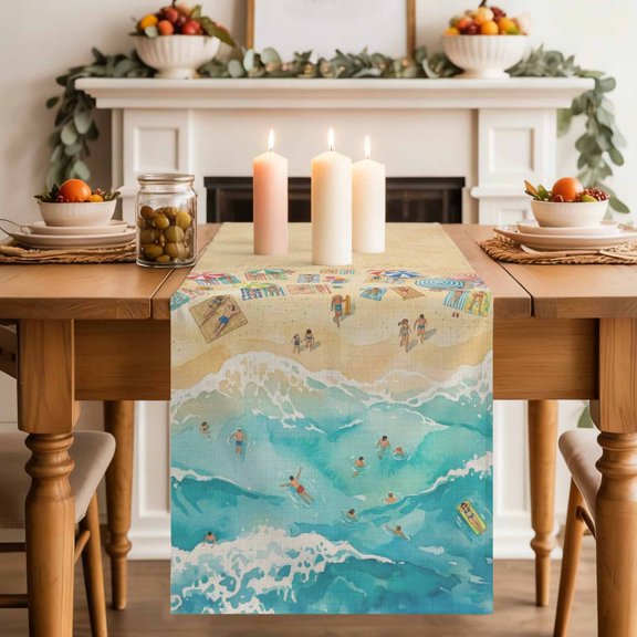 Summer Time Table Runner, Beach Ocean Waves Coastal Sun Umbrellas Man Tree Cotton Linen Kitchen Table Decoration Washable Dining Tabletop Runners for Home Party Decor 13x48 Inches