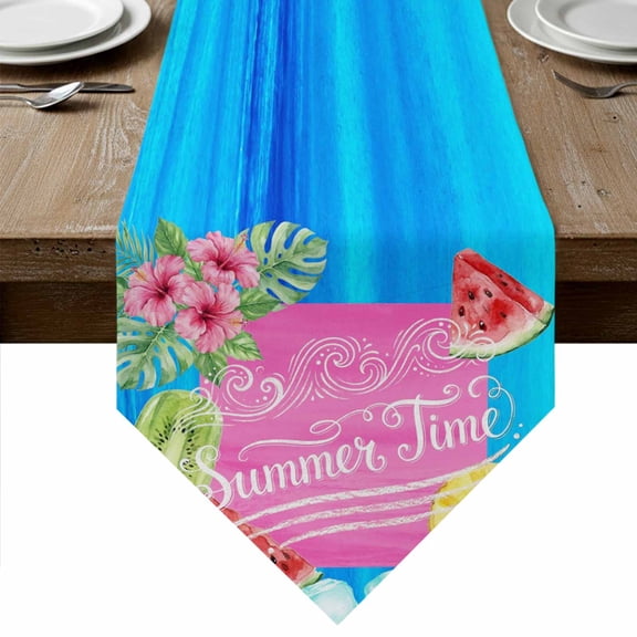 Summer Time Table Runner Linen Burlap Table Runner 36 Inches Small Watermelon Fruits Popsicles Flowers Ice Cubes Dresser Scarves for Kitchen Island Coffee Dining Room Party Holiday Decor 13"x36"