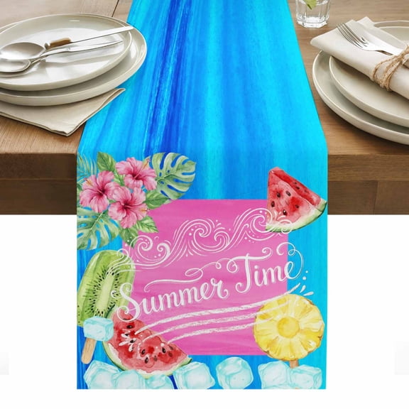 Summer Time Table Runner Watermelon Fruits Popsicles Flowers Ice Cubes Tablerunners 13 x 48 Inch, Table Decorations Tabletop Scarf for Summer Gathering Holiday Farmhouse Kitchen Dining Decor