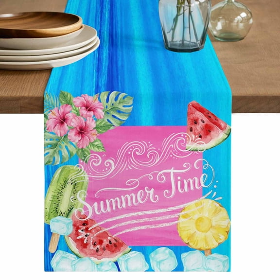 Summer Time Table Runner, Watermelon Fruits Popsicles Flowers Ice Cubes Washable Cotton Linen Table Runners 36 Inches Long, Dresser Scarf Runner for Nightstand/End Tables/Round Tables 13''x36''