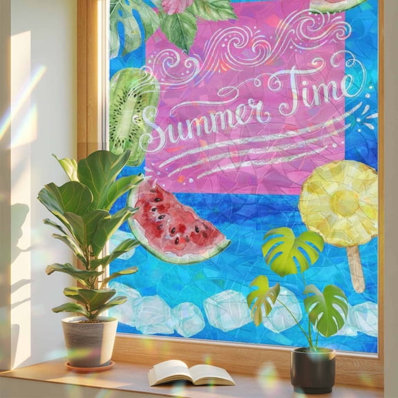 Summer Time Window Privacy Film, Oil Painting Watermelon Fruit Popsicles Ice Cubes Stained Glass Rainbow Film Decorative Window Clings, Static Cling Sun Blocking Stickers 17.7" x 39.3"