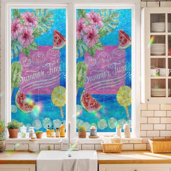 Summer Time Window Privacy Film Oil Painting Watermelon Fruit Popsicles Ice Cubes Static Cling Stained Glass Window Film Non-Adhesive Decorative Decals Rainbow Sticker 17.7"X39.3"